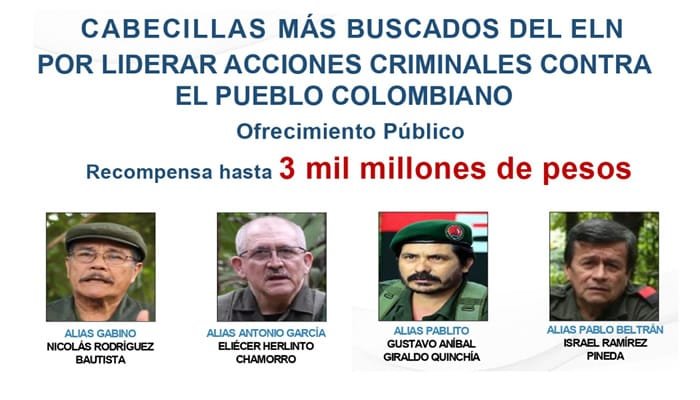 Recompensa por cabecillas del ELN